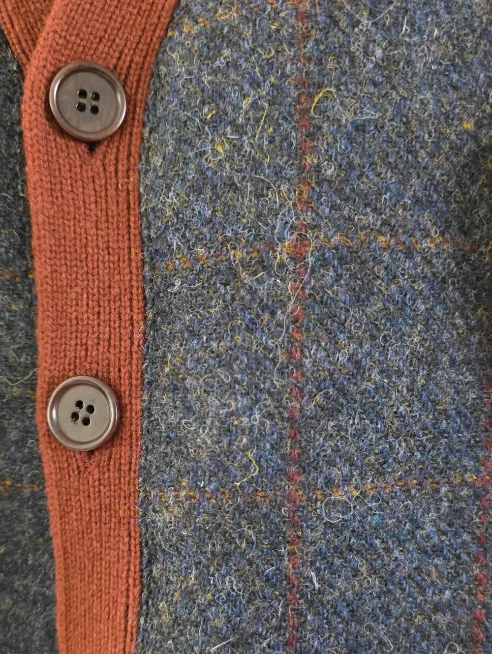 J. Crew Men's Wool V-neck cardigan sweater with Harris Tweed.